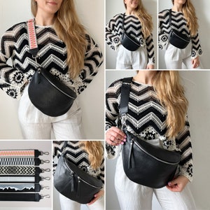 Schwarze Leder Bauchtasche, Crossbody Bag mit gemustertem Gurt, Leder Umhängetasche, Festival Tasche, Tasche mit Wechselgurt, breiter Gurt