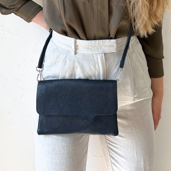 Blue leather bag, leather shoulder bag, blue clutch, blue crossbody bag, small handbag with bag strap, bag with interchangeable strap