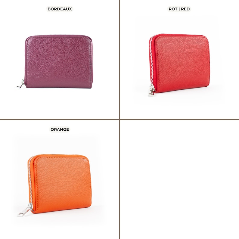four different colors of a wallet with a zipper