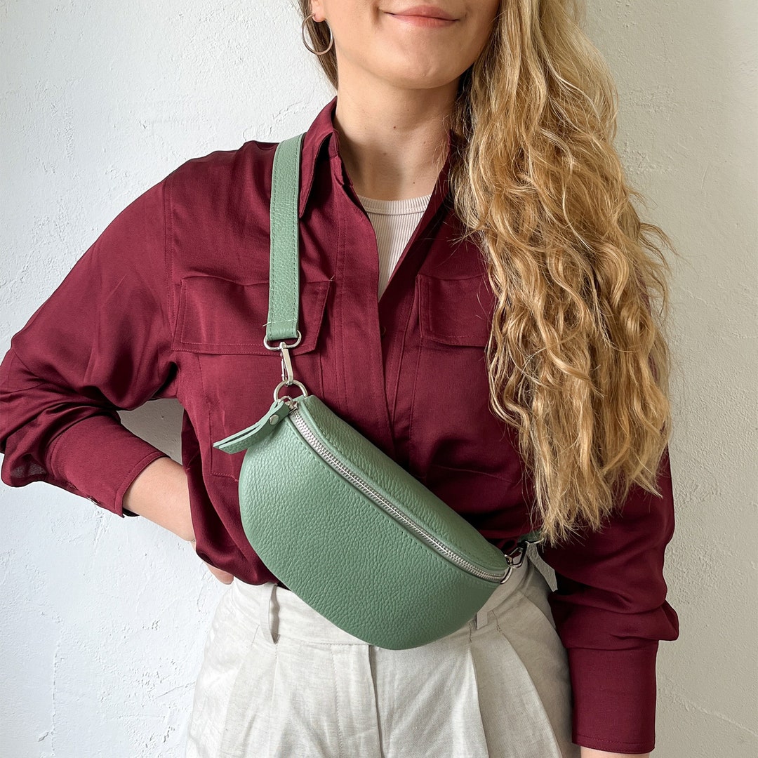 Small Leather Fanny Pack With Patterned Shoulder Strap, Festival Bag