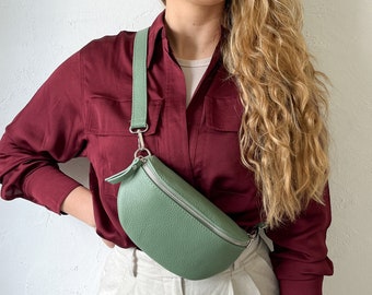 Damen Leder Bauchtasche mit gemustertem Schultergurt in vielen Farben, Festival Tasche, Cross Body Tasche, Leder Gürteltasche + Schultergurt