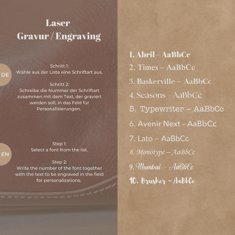 May include: A brown informational graphic displaying laser engraving options with white text. The left side provides instructions in German and English. The right side lists ten numbered font styles, including Abril, Times, Baskerville, Seasons, Typewriter, Avenir Next, Lato, Monotype, Mumbai, and Brusher, each shown with an example of uppercase and lowercase letters.