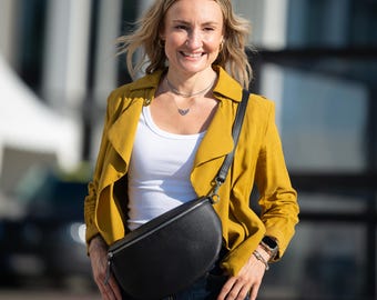 Sac banane en cuir noir pour femme, grand modèle
