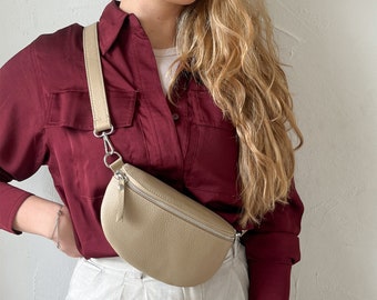 Leather fanny pack for women, belt bag with wide interchangeable strap, crossbody bag, personalized shoulder bag, bum bag, gift for her
