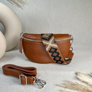 Sac banane en cuir cognac pour femmes, sac à bandoulière marron avec sangle interchangeable à motifs, sac à bandoulière en cuir, sac de festival, cadeau pour elle