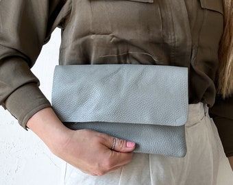 Leather bag in gray, leather shoulder bag, blue clutch, blue crossbody bag, small handbag with bag strap, bag with interchangeable strap