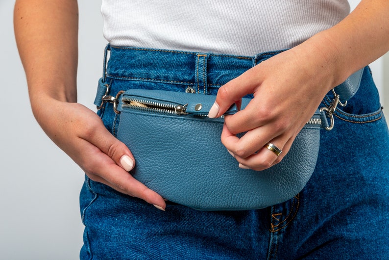 Blue Leather Belt Bag for Women Leather Fanny Pack Small | Etsy