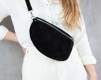 Fanny Pack Suede for Women in Black, Belt Bag With Interchangeable