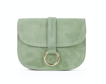 Handtasche aus Wildleder in mint, kleine Umhängetasche, Leder Schultertasche, Crossbody Tasche aus Veloursleder, Geschenk für sie