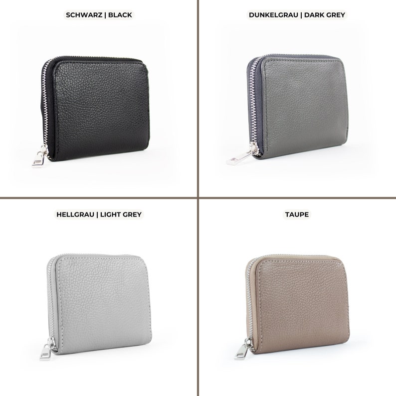 four different types of wallets with zippers