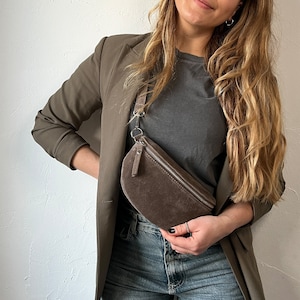 Suede bum bag taupe, brown cross body bag suede, festival bag, belt bag, small leather bum bag, gift for her image 1