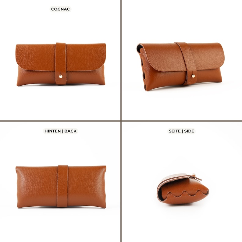 four different views of a brown leather case