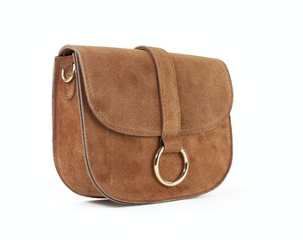 Handtasche aus Wildleder in cognac, kleine Umhängetasche, Leder Schultertasche, Crossbody Tasche aus Veloursleder, Geschenk für sie