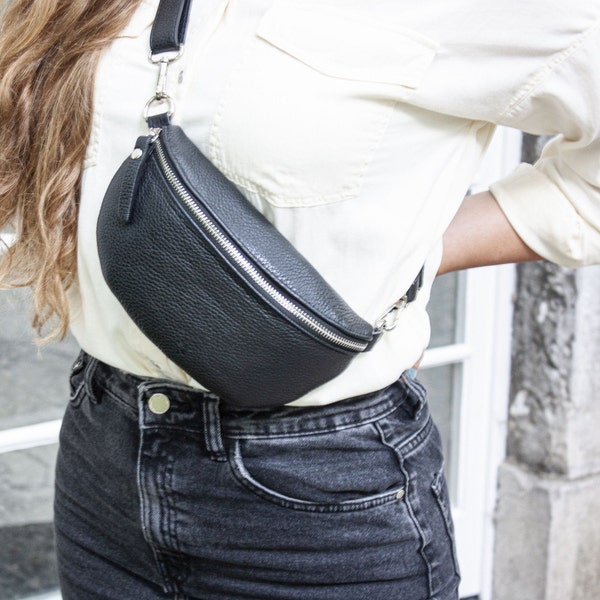 Black leather fanny pack, wide shoulder strap, leather belt bag, small cross body bag, leather waist bag with shoulder strap
