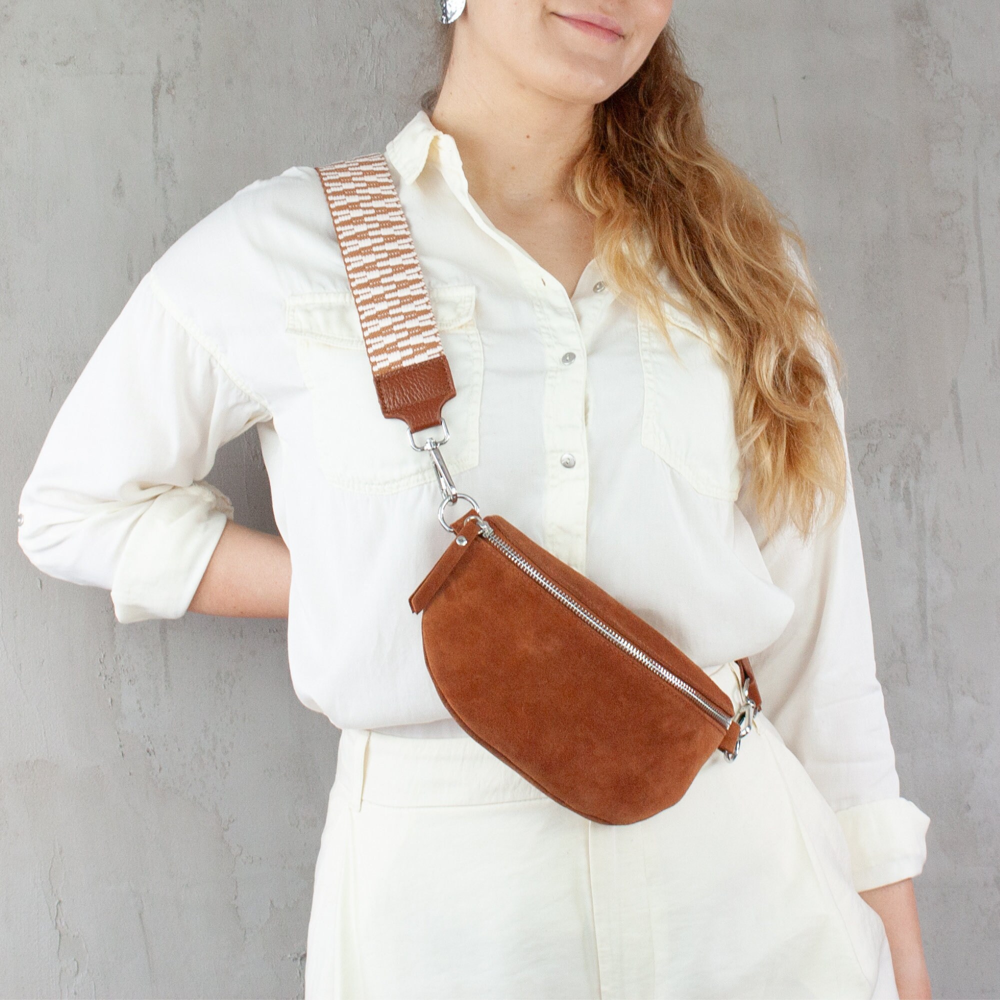 Fanny Pack Suede for Women Cognac, Belt Bag With Wide