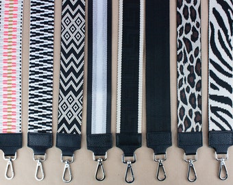 Black leather & cloth bag strap, wide bag strap, interchangeable strap, patterned bag strap, personalized crossbody strap, gift girlfriend