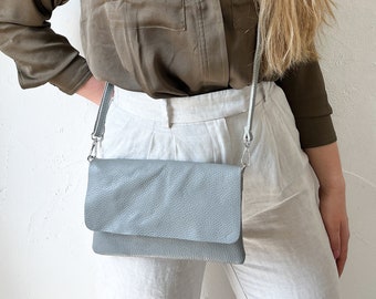 Gray leather bag, leather shoulder bag, blue clutch, blue crossbody bag, small handbag with bag strap, bag with interchangeable strap