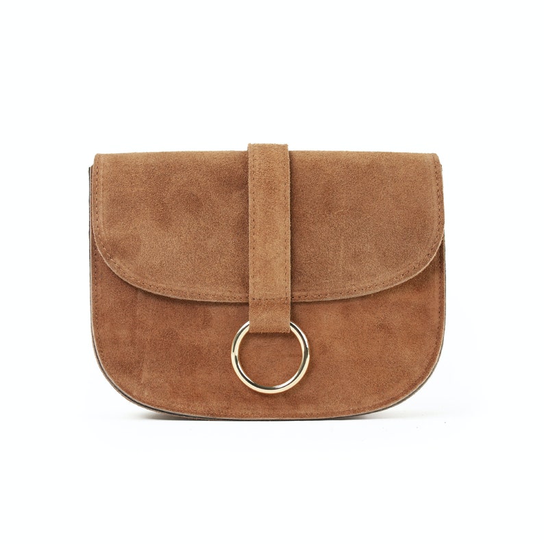 Handtasche aus Wildleder in taupe, kleine Umhängetasche, Leder Schultertasche, Crossbody Tasche aus Veloursleder, Geschenk für sie Cognac