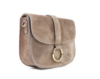 Handtasche aus Wildleder in taupe, kleine Umhängetasche, Leder Schultertasche, Crossbody Tasche aus Veloursleder, Geschenk für sie