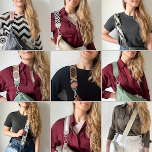 Könnte beinhalten: Neun verschiedene Frauen tragen eine Vielzahl von bunten und gemusterten Umhängetaschen mit verstellbaren Trägern. Die Taschen sind aus verschiedenen Materialien gefertigt, darunter Leder, Canvas und Stoff. Die Träger sind mit geometrischen Mustern, Streifen und unifarbenen Farben verziert.