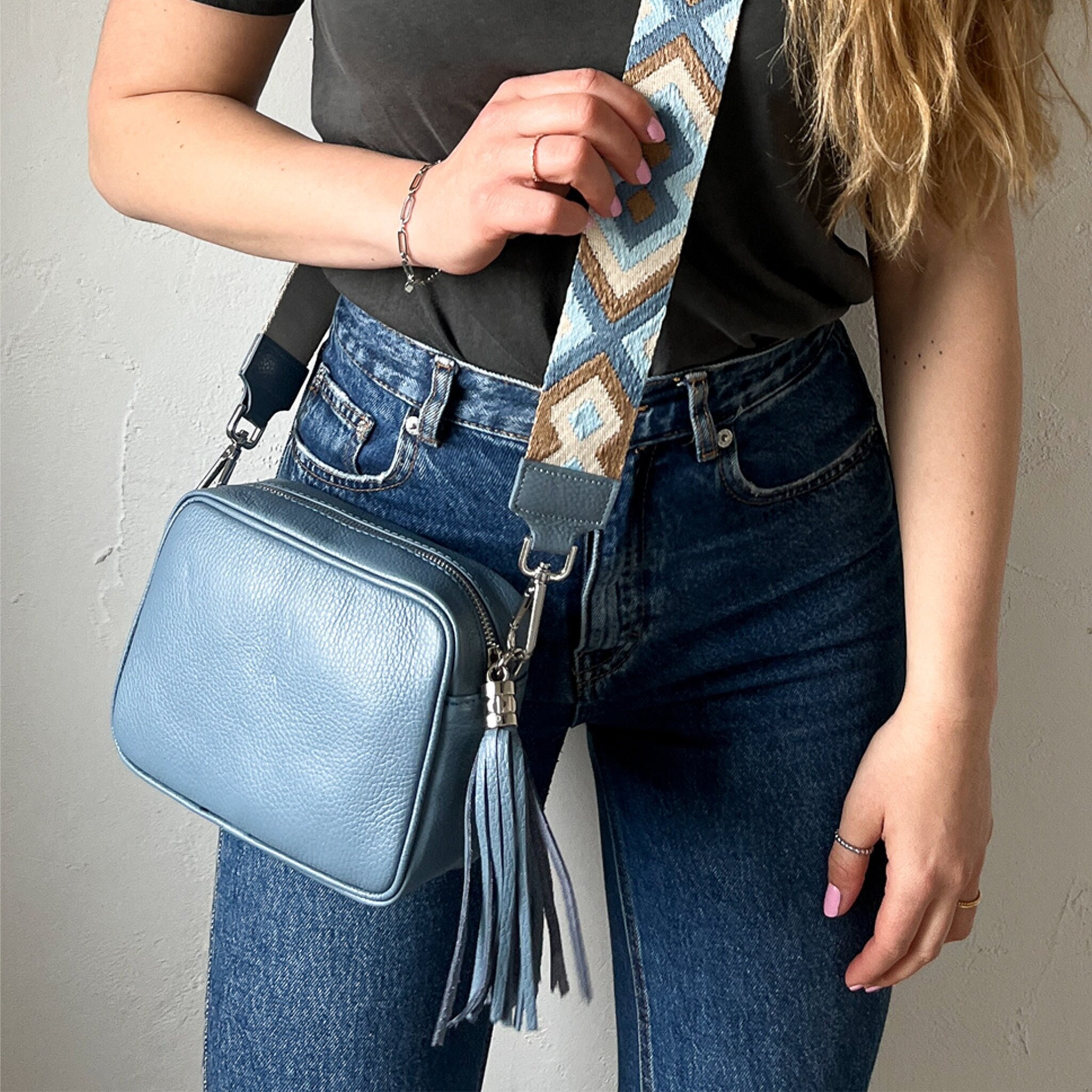 Leather Handbag in Blue, Small Shoulder Bag with Patterned Interchangeable Strap, Leather Shoulder Bag, Crossbody Bag with Changeable Strap