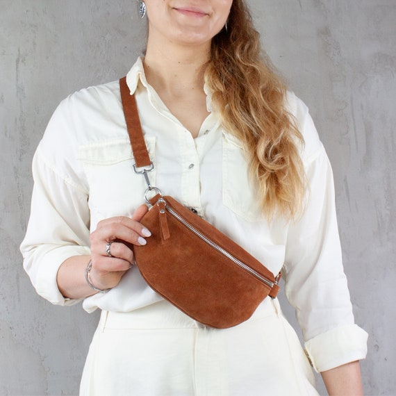 Fanny Pack Suede for Women Cognac, Belt Bag With Wide