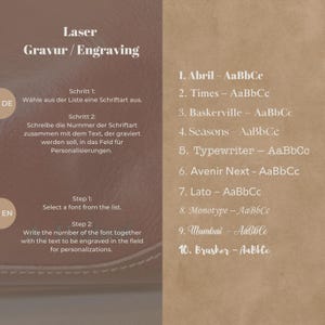 May include: A brown informational graphic displaying laser engraving options with white text. The left side provides instructions in German and English. The right side lists ten numbered font styles, including Abril, Times, Baskerville, Seasons, Typewriter, Avenir Next, Lato, Monotype, Mumbai, and Brusher, each shown with an example of uppercase and lowercase letters.