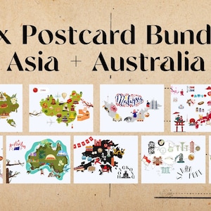 Pacote de 9 cartões postais para impressão Ásia + Austrália Viagem por país Impressão digital Cartão 5x7 Lembrança Tailândia, Hong Kong, China, Malásia, Bali, etc.