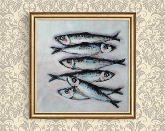 Sardine Art Print - Unframed Sardines Painting Poster in Contemporary Style for Farmhouse Kitchen Wall Decor - Ukrainian Painting