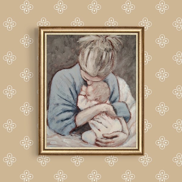 Mother and Child Art Print - Unframed Motherhood Painting Poster in Neutral Colors