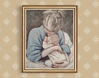 Mother and Child Art Print - Unframed Motherhood Painting Poster in Neutral Colors