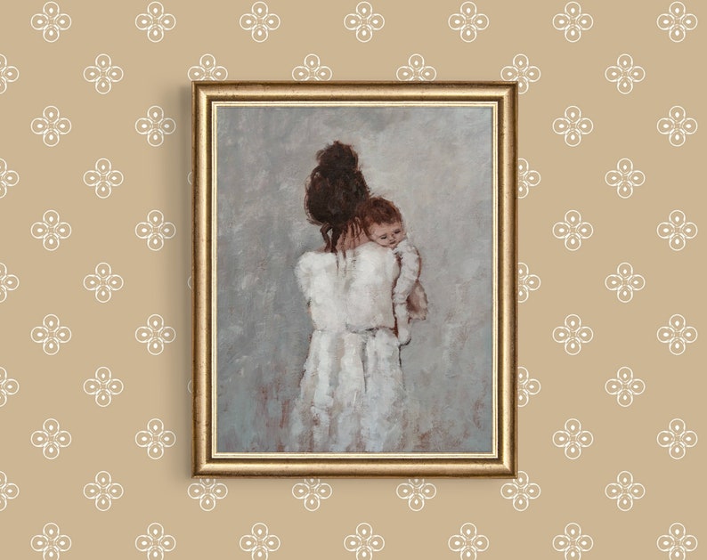 May include: A painting of a woman in a white dress holding a baby in her arms. The woman is looking down at the baby, and the baby is looking up at the woman. The painting is done in a realistic style, and the colors are muted.