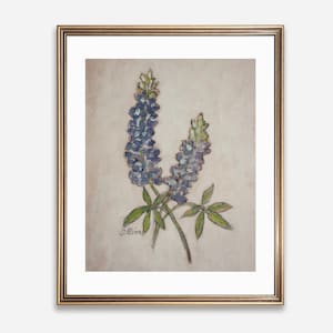 May include: A framed painting of two purple bluebonnets with green leaves on a light beige background. The painting is signed "J. Rice" in the bottom left corner.