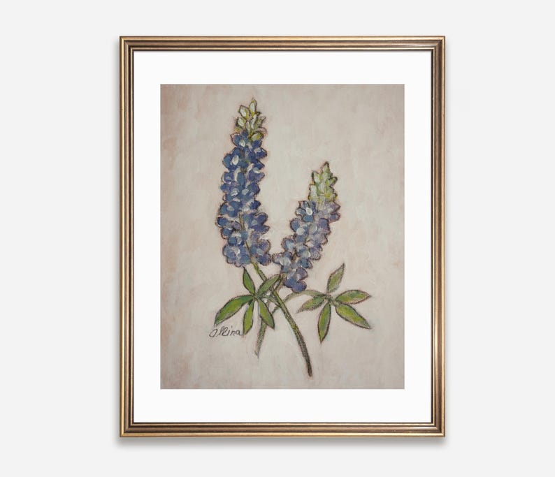 May include: A framed painting of two purple bluebonnets with green leaves on a light beige background. The painting is signed "J. Rice" in the bottom left corner.