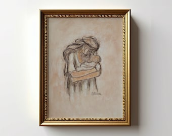 母性の水彩画、白黒の母と赤ちゃん、母と娘、母の日ギフト、母と子