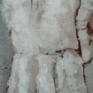 May include: Abstract painting with white and brown paint strokes on a canvas. The painting has a textured surface and a light gray background.