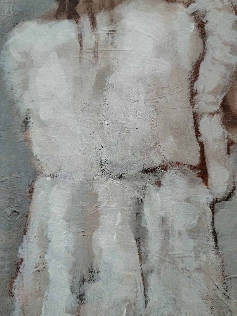 May include: Abstract painting with white and brown paint strokes on a canvas. The painting has a textured surface and a light gray background.