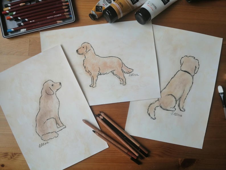 May include: Three watercolor paintings of golden retrievers in various poses. The dogs are depicted in shades of tan and brown with black outlines. Art supplies, including colored pencils and paint tubes, are visible.