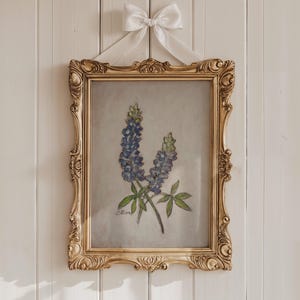 May include: A framed painting of bluebonnet flowers in a gold ornate frame. The painting is on a white background and the frame is hanging on a white wall.