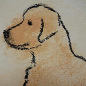 May include: A sketch of a golden retriever dog in profile, rendered in a minimalist style. The dog's head and upper body are depicted with a light brown wash and outlined in black. The background is a soft, off-white color.