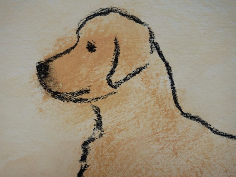 May include: A sketch of a golden retriever dog in profile, rendered in a minimalist style. The dog's head and upper body are depicted with a light brown wash and outlined in black. The background is a soft, off-white color.