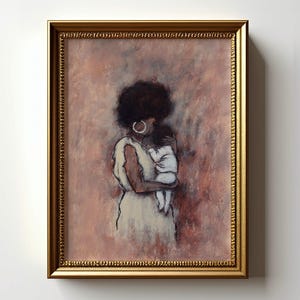 May include: A framed art print shows a mother and child. The artwork features a woman with dark hair and hoop earrings, wearing a cream dress. The background is a blend of pink and brown hues. The frame is gold-colored.
