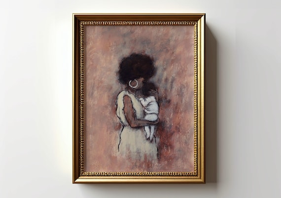 Black Mother and Baby Art Print: Motherhood Painting, Nursery Wall Decor (Unframed)