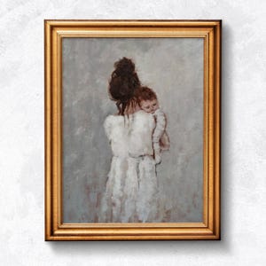May include: A painting of a woman in a white dress holding a baby. The woman is facing away from the viewer, and the baby is looking at the viewer. The painting is in a gold frame.