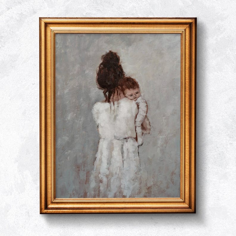 May include: A painting of a woman in a white dress holding a baby. The woman is facing away from the viewer, and the baby is looking at the viewer. The painting is in a gold frame.