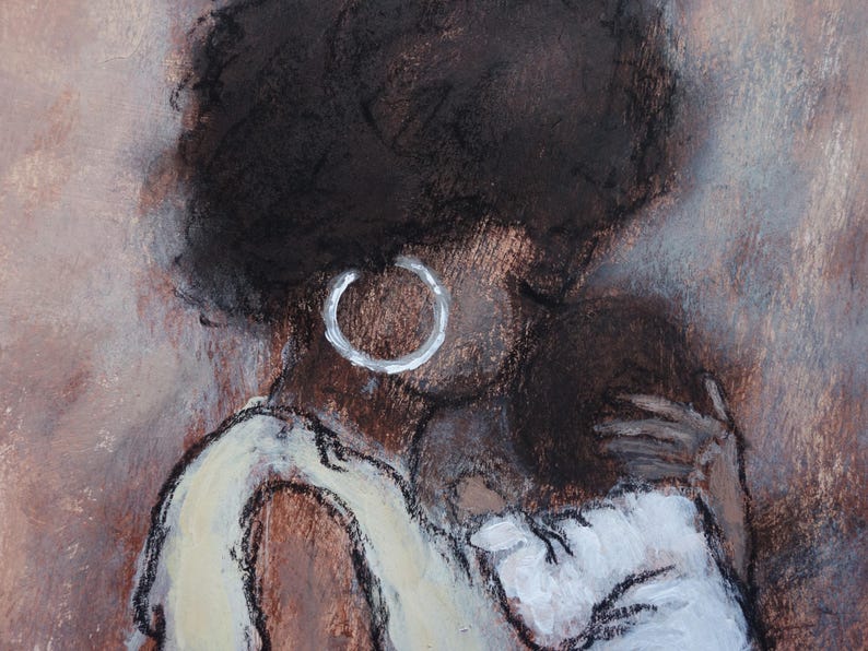 May include: A pastel drawing depicting a mother and child in an embrace. The mother has dark hair and a large white hoop earring. The child is held close. The artwork uses a muted palette of browns, creams, and blacks, creating a soft, intimate feel.