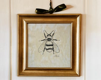 Bee Charcoal Sketch Art Print: Cottage Insects Wall Decor (Unframed)