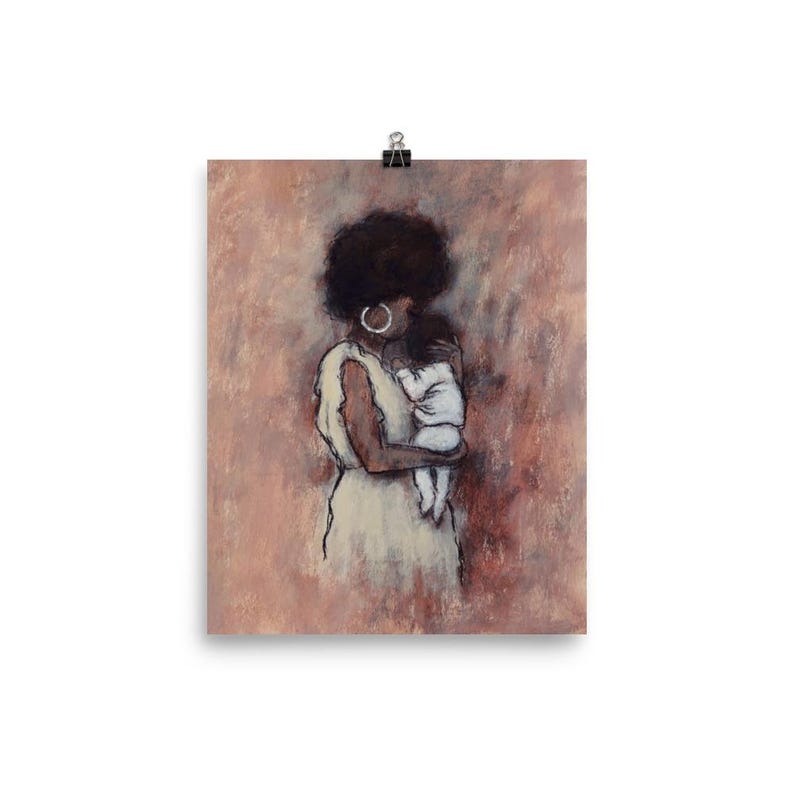 Black Mother and Baby Art Print: Motherhood Painting, Nursery Wall Decor (Unframed) image 2