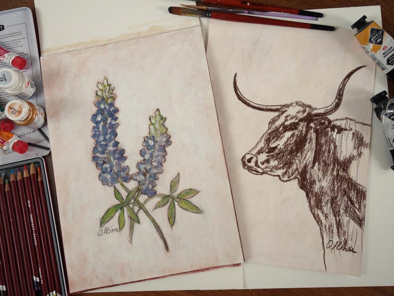 May include: Two framed drawings on a table. The left drawing is of a bluebonnet flower, a Texas state flower. The right drawing is of a brown longhorn steer. Both drawings are signed by the artist.