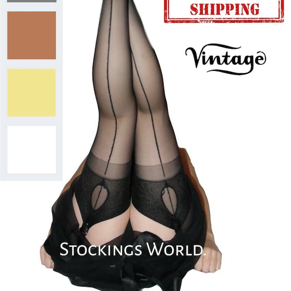 Fully Fashioned Stockings Seamed Cuban Heel KEY HOLE WELT Various colours M/L